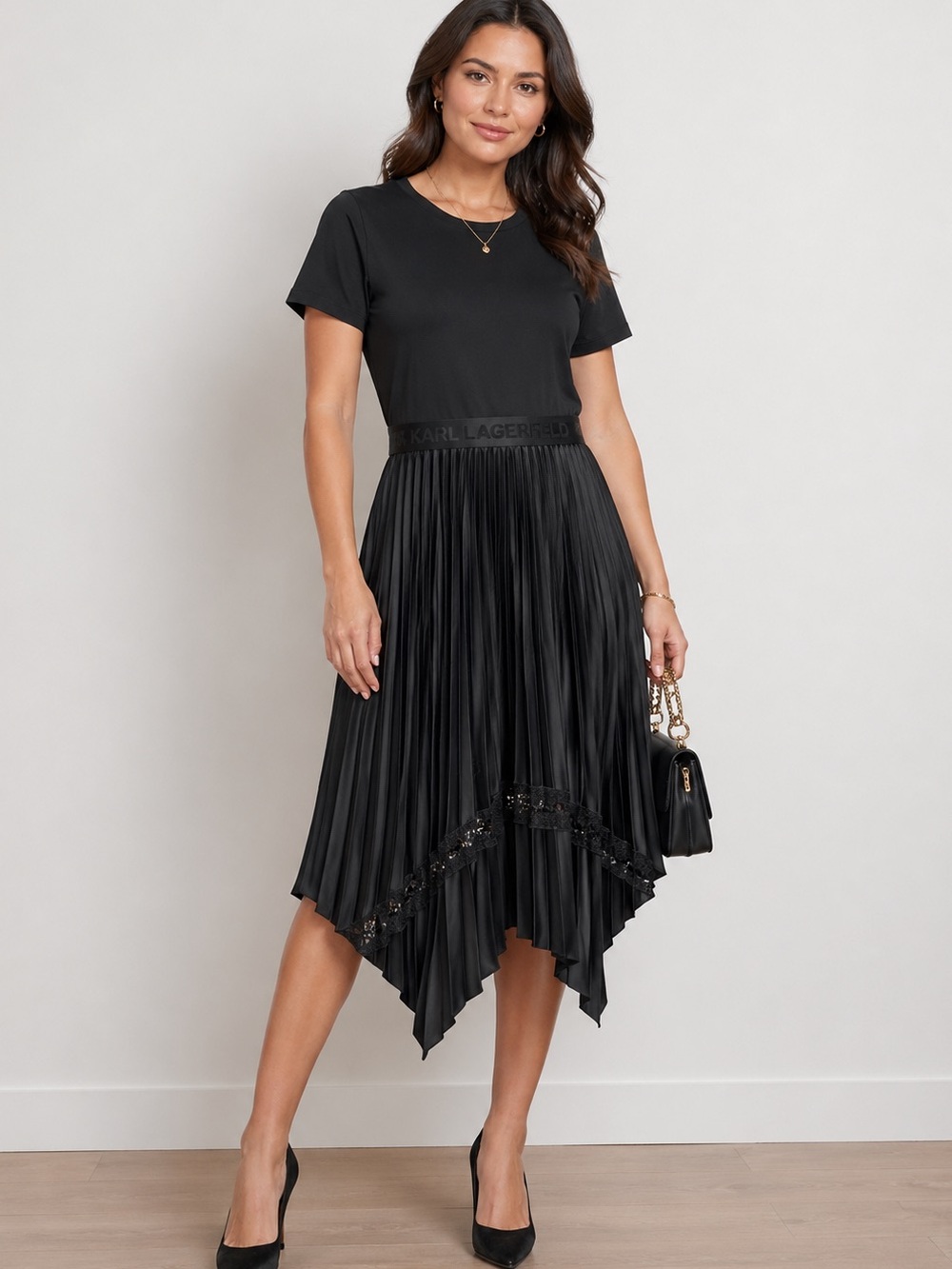 NEW Karl Lagerfeld Paris Black Pleated Midi Dress Size L